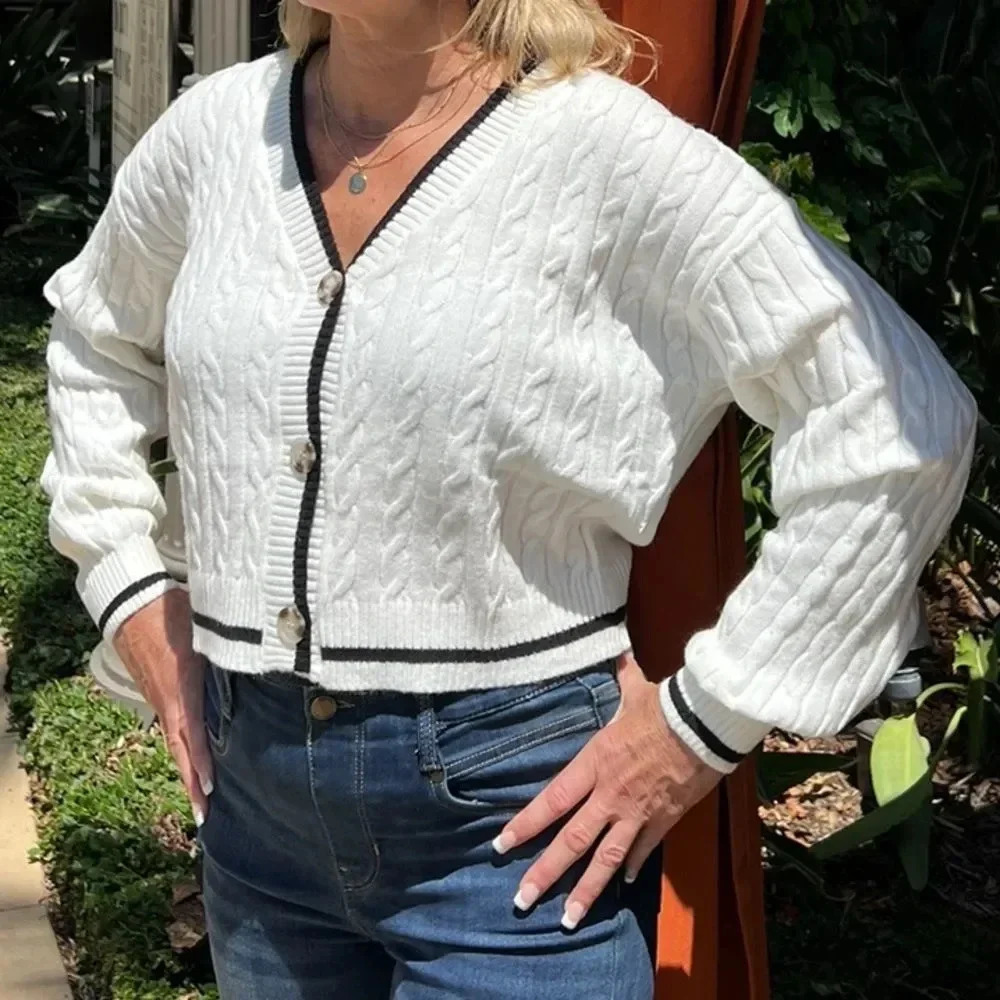 Cardigan Sweater Cable Knit Oversized Boxy Ivory Cream Cropped Ribbed Cozy
